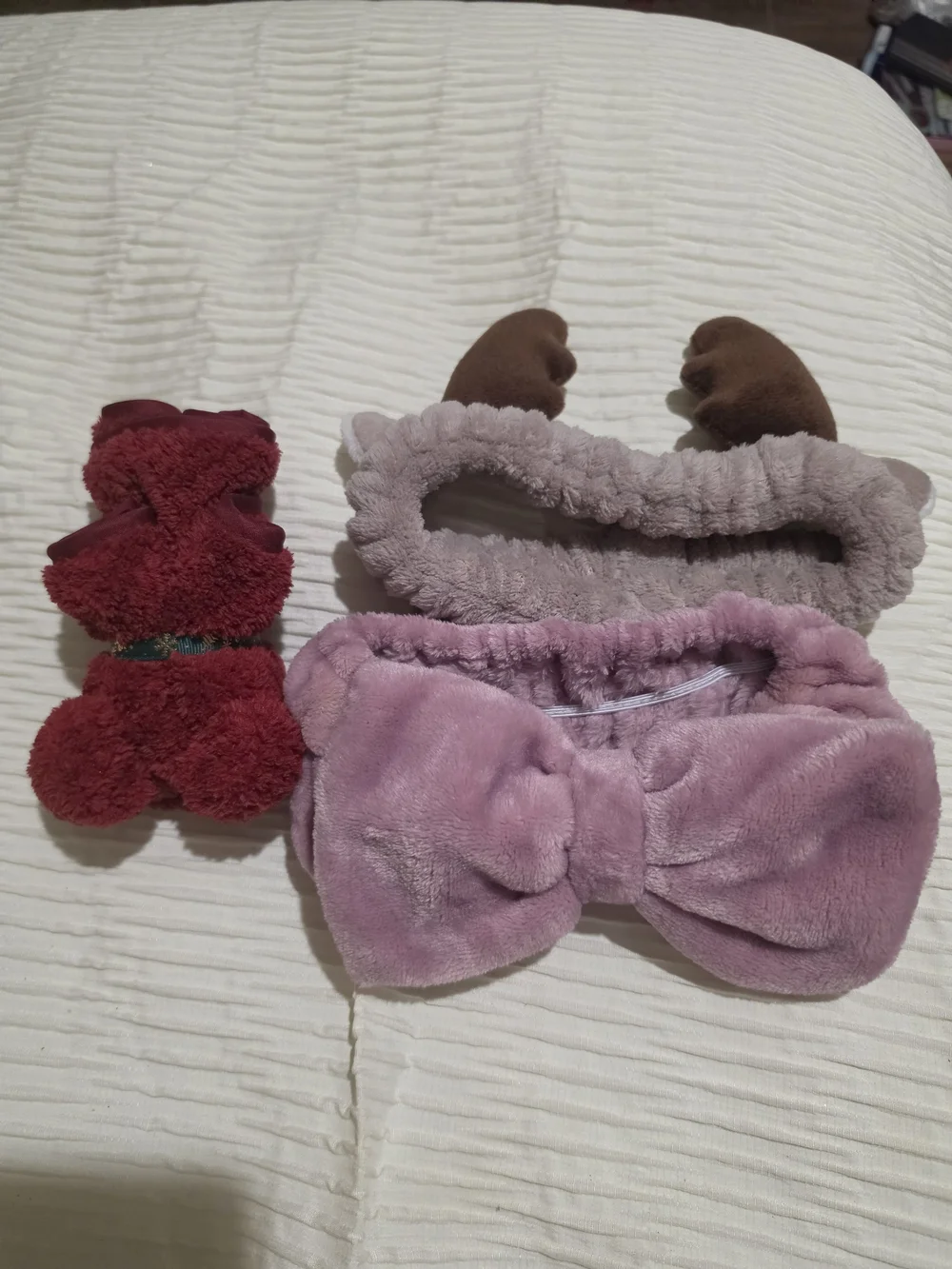 Plush Bow and Deer Antler Headband And Washcloth Set - Pink, Mauve, Red
